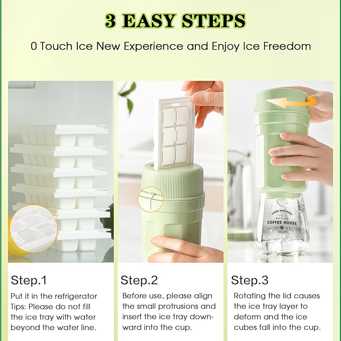 Ice Cube Tray with Lid, New Rotating Mold Release Ice Cups, Easy-Release Ice Cup with 5 Pcs Ice Cube Trays for Freezer, Ice Cube Molds, BPA Free, Easy Release Stackble Spill-Resistant (Green)