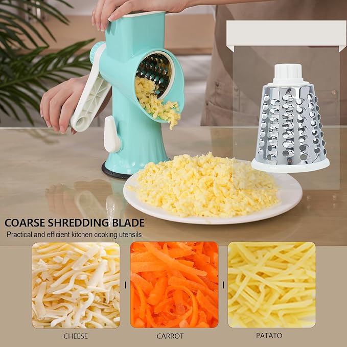 Rotary Cheese Grater with Handle-Versatile Cheese Grater Non-Slip Suction Base,Cheese Shredder & Food Slicer for Cheese,Carrots, Cucumbers,Nuts-Compact & Easy Clean Kitchen Kitchen Tool (blue)