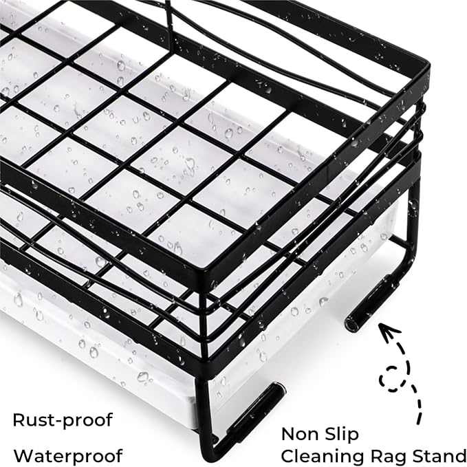 Tlence Kitchen Sink Caddy with 3 Dishcloth Drying Racks, Sponge Holder Rag Stand with Drain Pan, Metal Sink Storage Organizer with Removal Basket for Brush, Towel, Scrubber, Dish Rag, Black