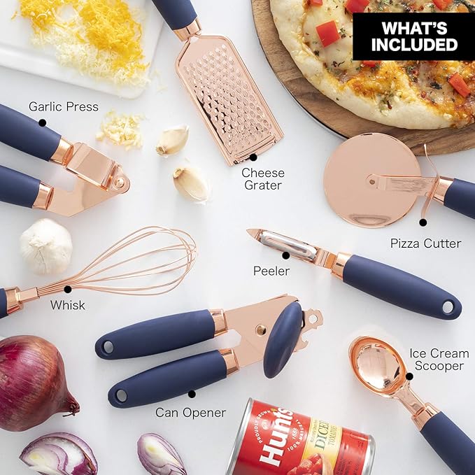 COOK WITH COLOR Kitchen Gadget Set Copper Plated Stainless Steel Utensils with Soft Touch Handles, Copper Navy, 7 Pieces