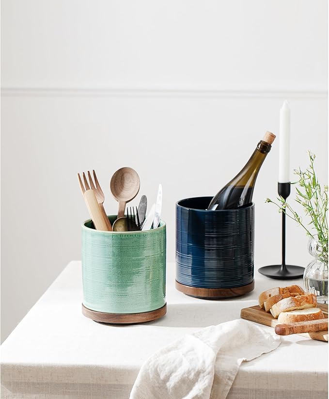 Utensil Holder, 360° Rotating Extra Large Ceramic Kitchen Utensil Holder for Countertop, 7.3“ Cooking Utensil Crocks for Kitchen Counter with Rotatable Wooden Base, Farmhouse Decor, Dark Blue