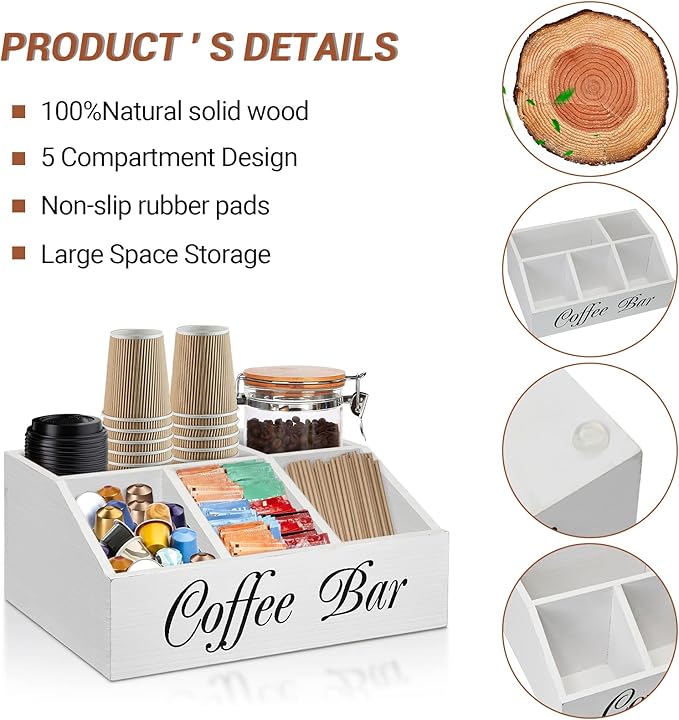 ugiftt Coffee Station Organizer for Counter, Wood Coffee Pods Holder Storage Basket, Tea Condiment Storage Organizer, Rustic Wood Bar Decor for Accessories