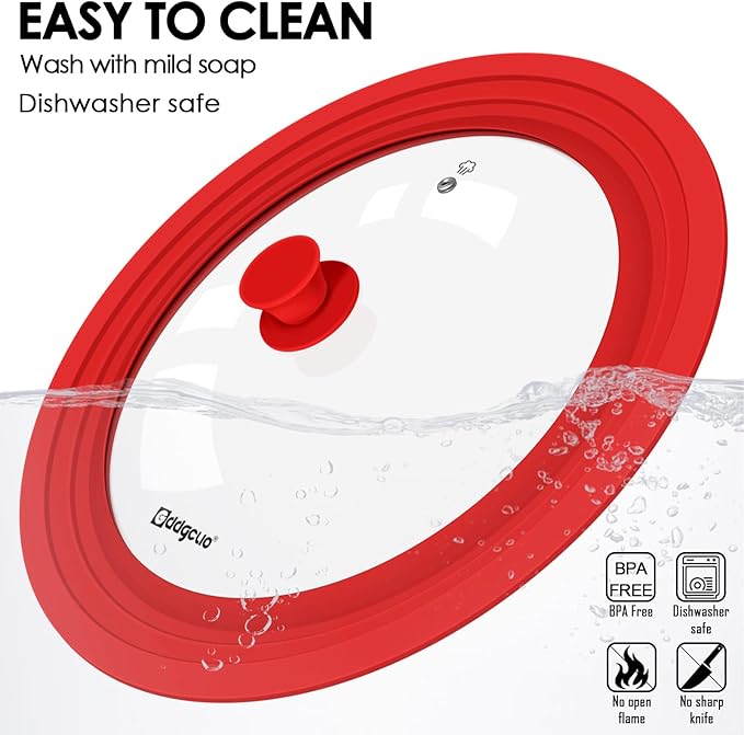 13-14-15 in Universal Pan Lid, Extra Large Silicone Pot Lid for Pots, Pans & Skillets, Replacement Frying Pan Lid with Heat Resistant Silicone Knob, Dishwasher Safe, Red