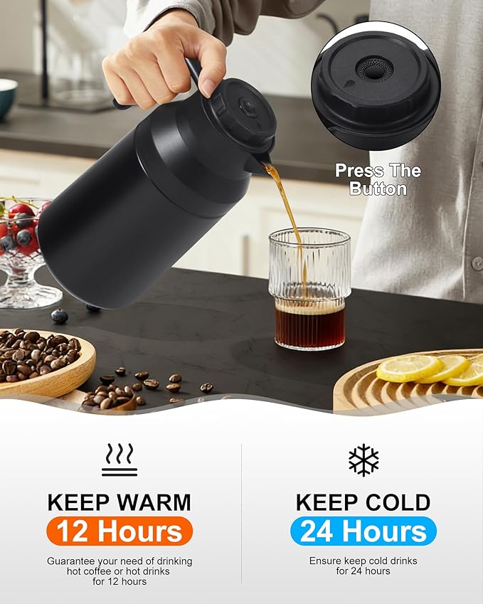 2 PCS Thermal Coffee Carafe Insulated Stainless Steel Coffee Carafe for Hot Liquid Vacuum Thermal Pot Creamer Pitcher Dispenser Keeping Hot Water Milk(Black/Black 68 oz)