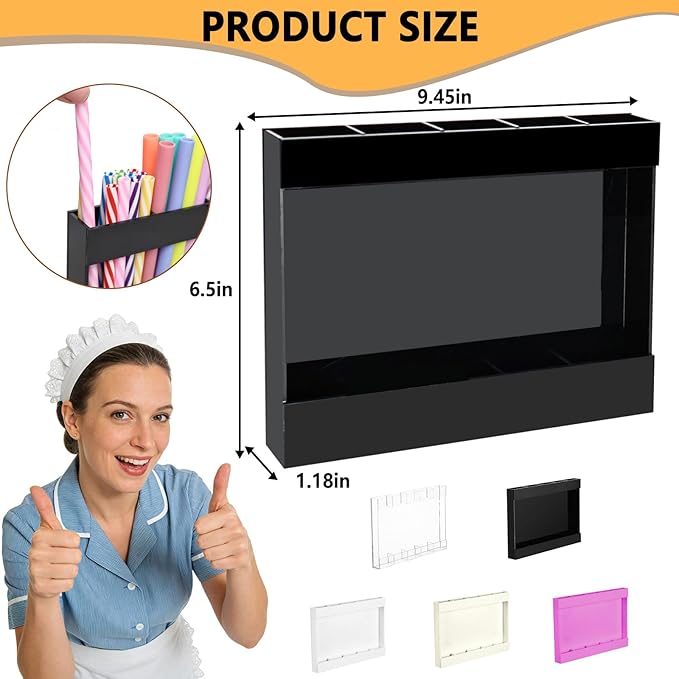 9.5" Large Acrylic Straw Holder for Cabinet Door-Reusable Tumbler Straw Organizer Storage,Small Kitchen Organizers and Storage Accessories Container, Ultra Sticky Cupboard Door Mounted(Black)