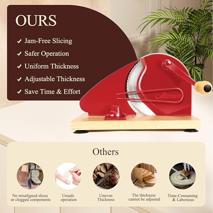 Manual Bread Slicer for Homemade Bread,Even Slicing Thickness-Adjustable Slices,Sourdough Slicer with Scale Lines&SuperStrong SuctionCup Fixation (Red-Guide)