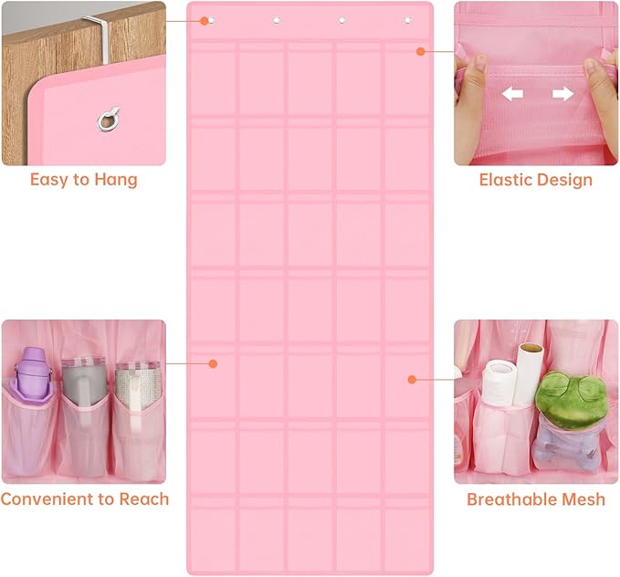 NiHome Multi-Functional 35 Pockets Door Hanging Organizer for Stanley Tumbler in Kitchen, Pantry, Bathroom, Large Capacity Elastic Mesh Secure Storage Water Bottle Cup Holder, Foldable for Home (Pink)