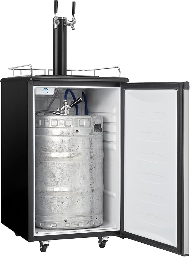 Danby DKC054A1BSL2DB 5.4 Cu.Ft. Double Tap Kegerator, Auto Defrost and Mechanical Thermostat, Keg Cooler with Scratch-Resistant Worktop and Reversible Door Hinge, Steel