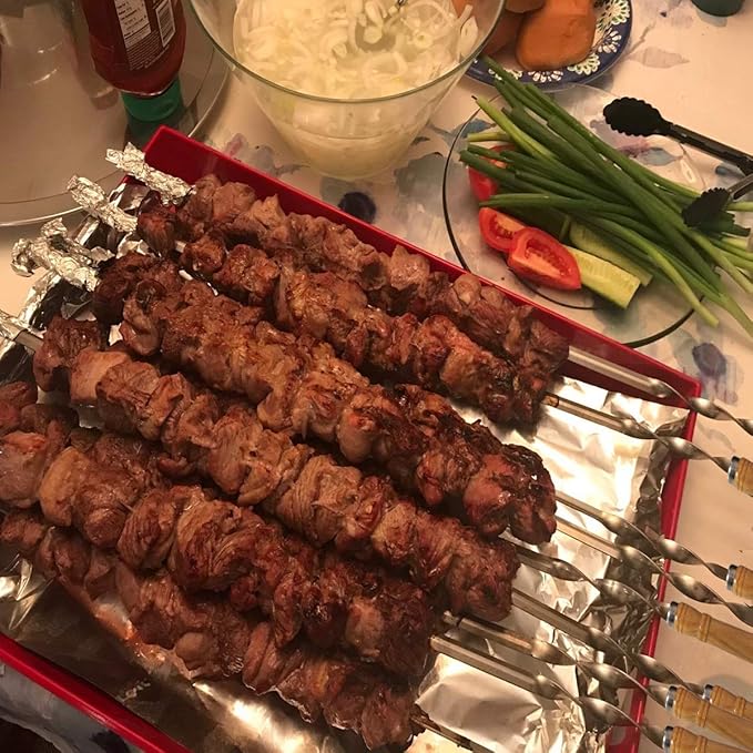 Antallcky 12 Pack Kebab Skewers 23.5 Inch BBQ Barbecue Skewers Stainless Steel Sticks Heavy Duty Large Wide Reusable with Nonslip Wooden Handle Ideal for Shish Kabob Chicken Shrimp and Vegetables