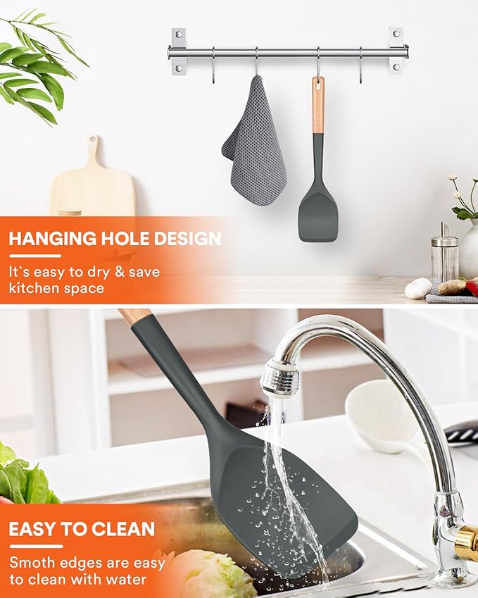 Nonstick Silicone Spatula, Non Scratch Flexible Edge for Pans, Slip Resistant comfortable Wooden Handle, Heat Resistant BPA-Free Kitchen Spatulas for Cooking, 13.2 Inch, Grey