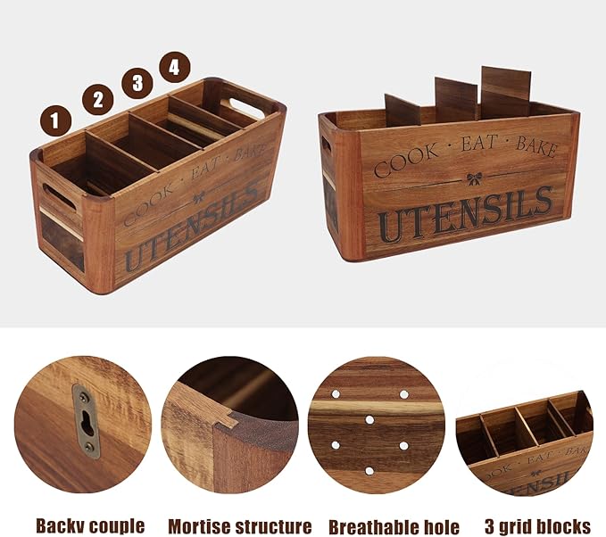 Utensil Holder for Kitchen Countertop - Extra Large 4 Compartment Wooden Organizer in Acacia Wood, Storage for Cooking Tools and Cutlery, Farmhouse Style for Home Cooking