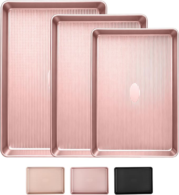 Sakerplus Nonstick Baking Sheet Pan Set of 3, Heavy Duty Cookie Sheets for Oven with Stripe Texture Pattern, 0.6mm Thick Quarter/Half/Jelly Roll Pans, Rust-Resistant & Easy Clean (Pink)