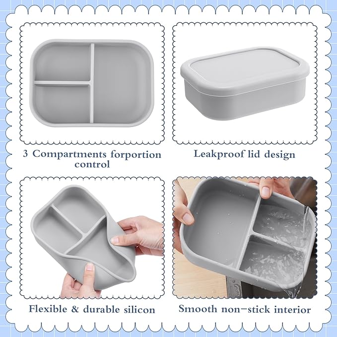 Honeydak 4 Pcs Silicone Bento Box for Adults, 3 Compartment Lunchable Food Container for Women Men, Leak Proof Microwave Dishwasher Freezer Safe (White,Grey,Dark Grey,Black)