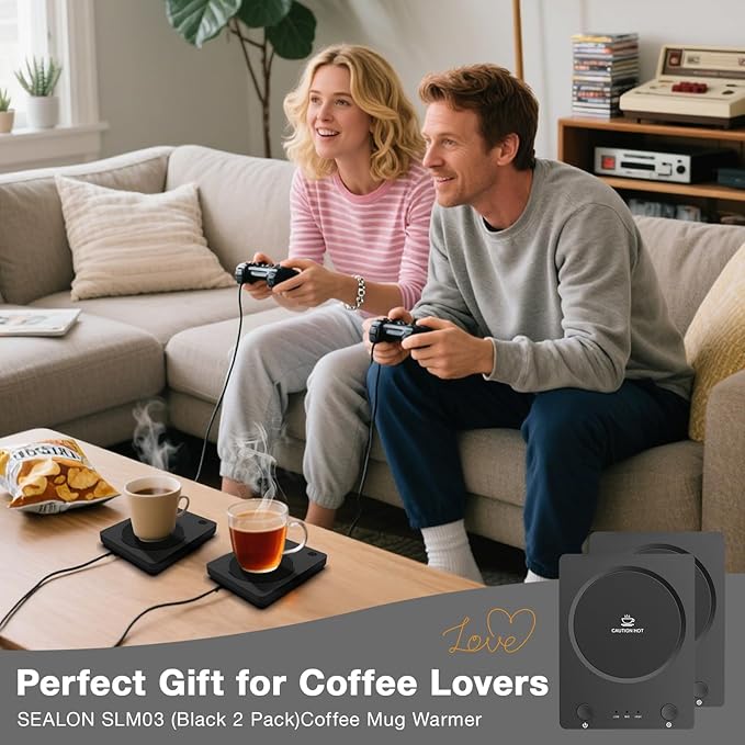 SEALON SLM03 Electric Coffee Mug Warmer (Black, 2 Pack) - 3-Temperature Desk Cup Warmer with Auto Shut-Off (4 Hours) for Heating Coffee, Tea, Milk & Beverages