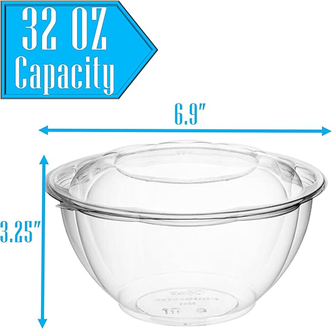 Mr Miracle Clear 32 Ounce Plastic Salad Bowls with Snap-On Lids. Pack 50. Airtight Disposable Salad Containers for Lunch, Meal Prep, Parties. Ideal as Disposable Salad Bowls with Lids