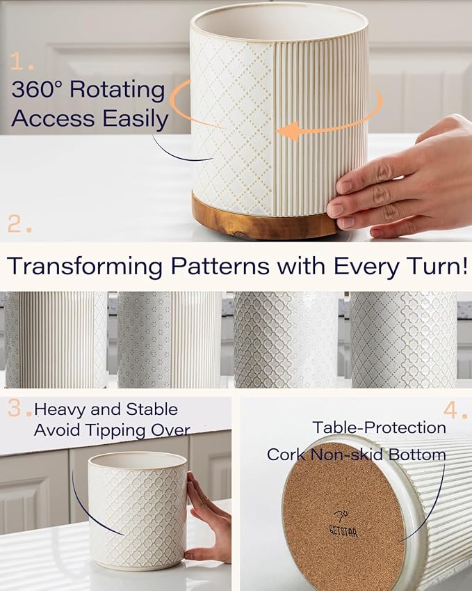 getstar Extra Large Rotating Utensil Holder for Kitchen Counter, 7.2" Ceramic Utensils Crocks Set for Countertop Large & Small Utensil Organizer for Spatula Farmhouse Kitchen Decor