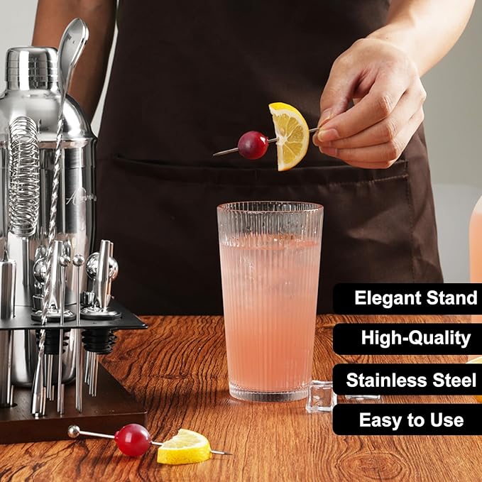23-Piece Bartender Kit, Cocktail Shaker Set with Stand | Bar Set Drink Mixer Set with All Essential Bar Tools: Martini Shaker,Bar Mixer Spoon, Jigger, Strainer, Muddler, Pourers, for Home, Bar, Party