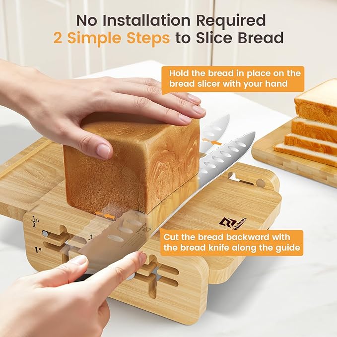 Piklohas Bread Slicer With Bread knife, World's 1st Horizontal Bread Cutter for Homemade Bread, 4 Thickness Adjustable, Paired With Multifunction Serrated Knife for Efficient Slicing, Baking Gifts