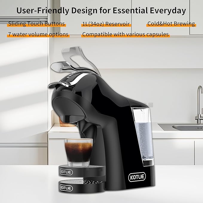 KOTLIE Single Cup Coffee Maker, Multi Capsule Machine Compatible With Various Capsule Types, 4 Temperature Settings, 7 Water Volume Levels,19 Bar(Glossy Black)