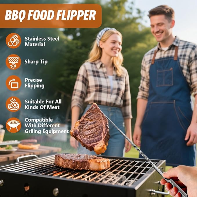 BBQ Turner Hooks, Meat Hook Flipper, Iron BBQF Turner Hooks, Flips Cooking Hooks, BBQ Food Flipper, for Grilling Smoking Frying, Long Handle Meat Hooks (Type B)