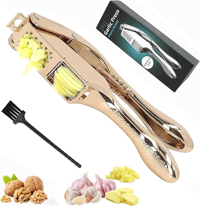 Garlic Press and Slicer 2 in 1, Rust Proof & Dishwasher Safe Professional Garlic Mincer Tool, Effortlessly Crush and Mince Garlic with this Ergonomic Handle-Garlic Slicer & Brush ANCQMI(Gold)