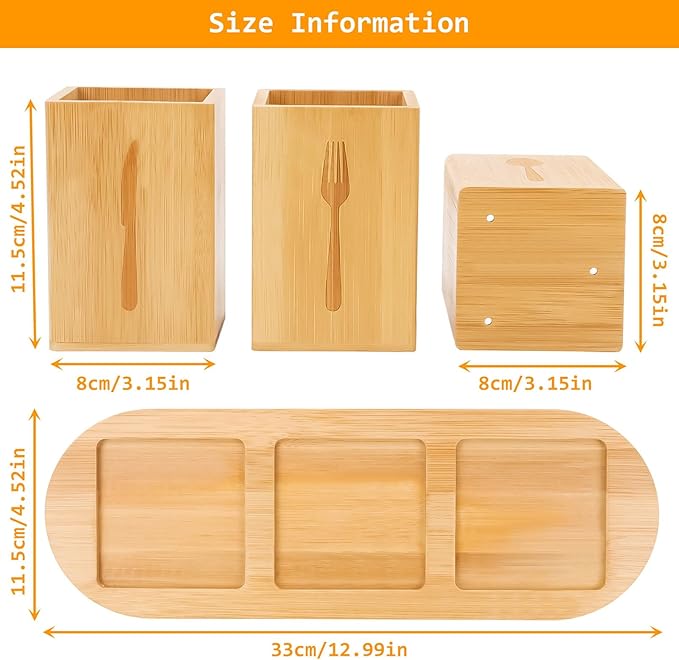 Qivine Acacia Wood Utensil Holder, Wooden Silverware Holder Countertop Utensil Organizer Silverware Organizer with Tray, Kitchen Utensil Organizers for Forks, Spoons, Knives (Bamboo)