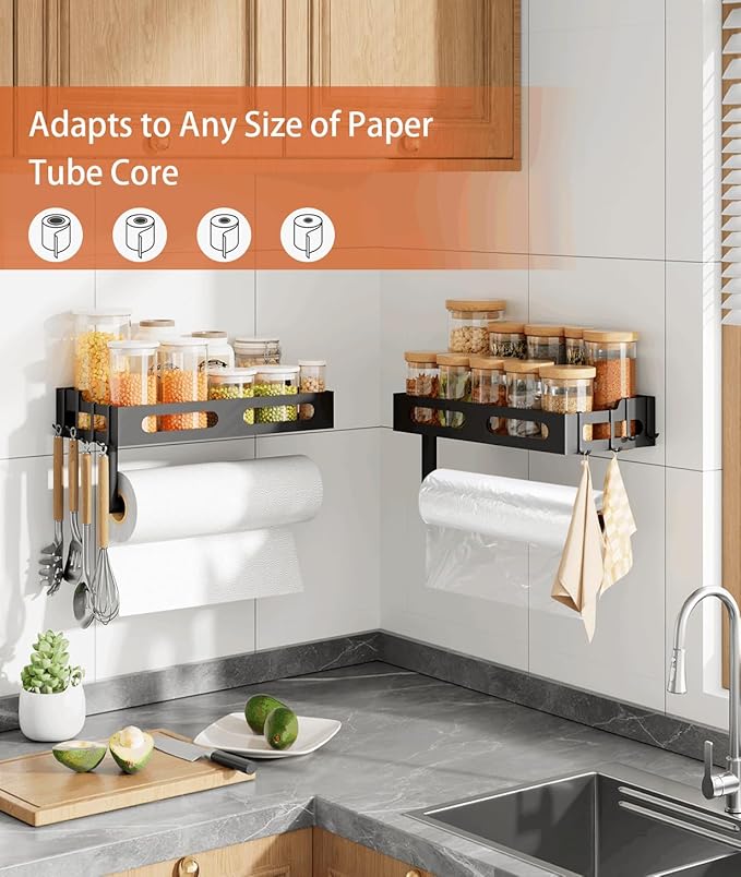 Paper Towel Holder Wall Mount for Kitchen, One-Handed Tear, Bathroom Paper Towel Holder with Shelf, RV Paper Towel Rack Wall Mount Paper Roll Holder with 4 Hooks, Matte Black