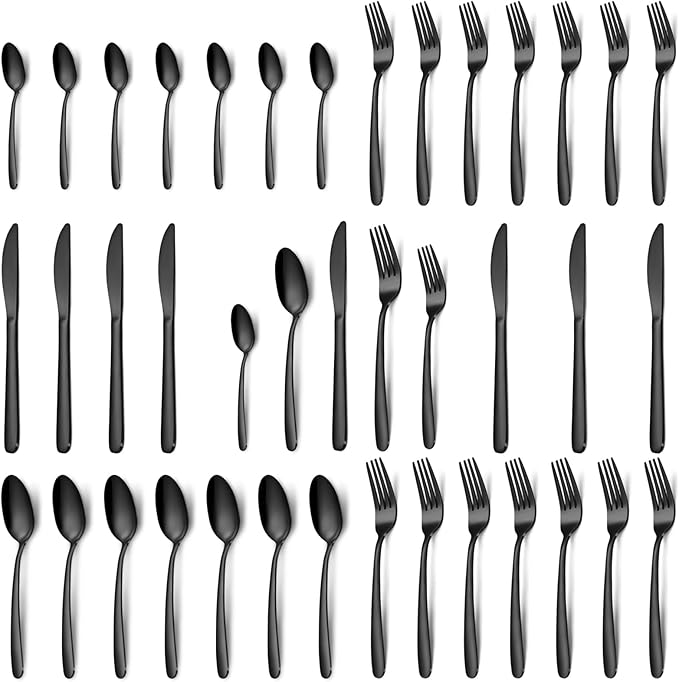 Hunnycook Silverware Set - 40PCS Stainless Steel Silverware Set for 8, Includes Forks Spoons and Knives, Utensil Sets for Home Kitchen Restaurant, Dishwasher Safe, Black