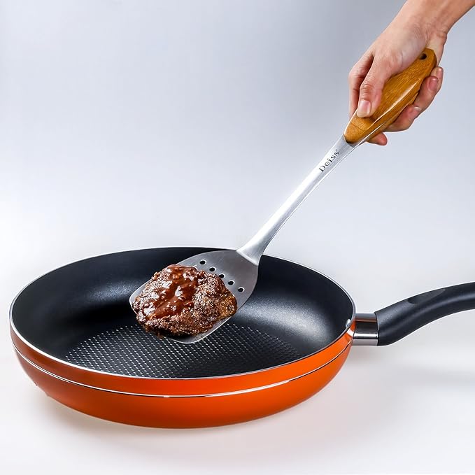 Deiss PRO Metal Spatula with Comfortable Wooden Handle - Kitchen Turner for Scraping, Turning Meat, Mixing Scrambled Eggs - Heat Resistant, Fish, Pancake Spatula (WOODEN)