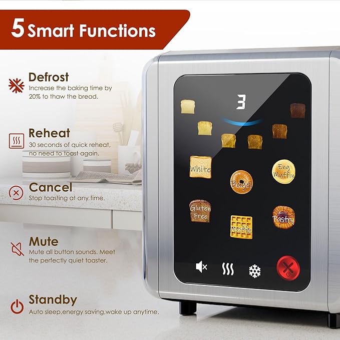 WHALL Touch Screen Toaster 2 Slice, 1.5'' Extra Wide Slot Smart Toaster with Digital Timer, 6 Bread Types & 6 Shade Settings, Crumb Tray, Reheat/Defrost, Stainless Steel Bread Toasters, Silver