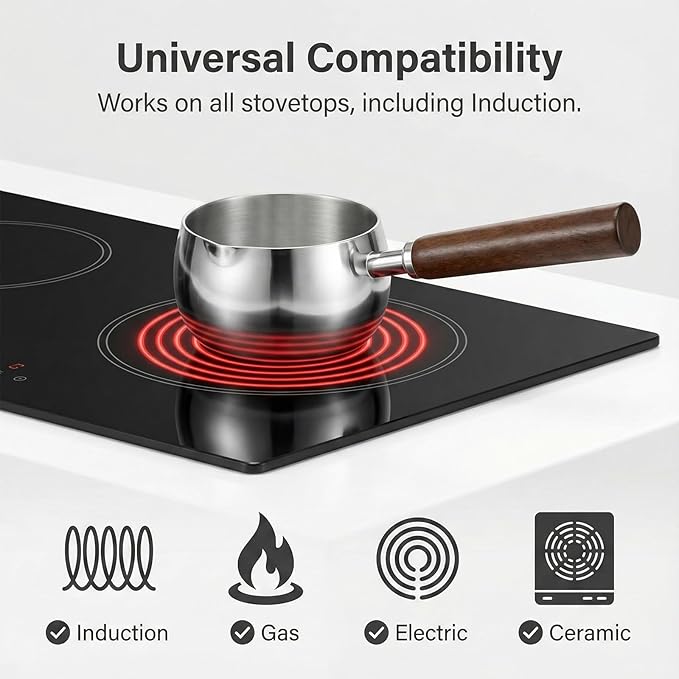 17oz Stainless Steel Sauce Pot with Heat Resistant Wooden Handle, Butter Warmer Milk and Coffee Warmer, Chocolate Melting Pot, Mini Sauce Pan for Coffee