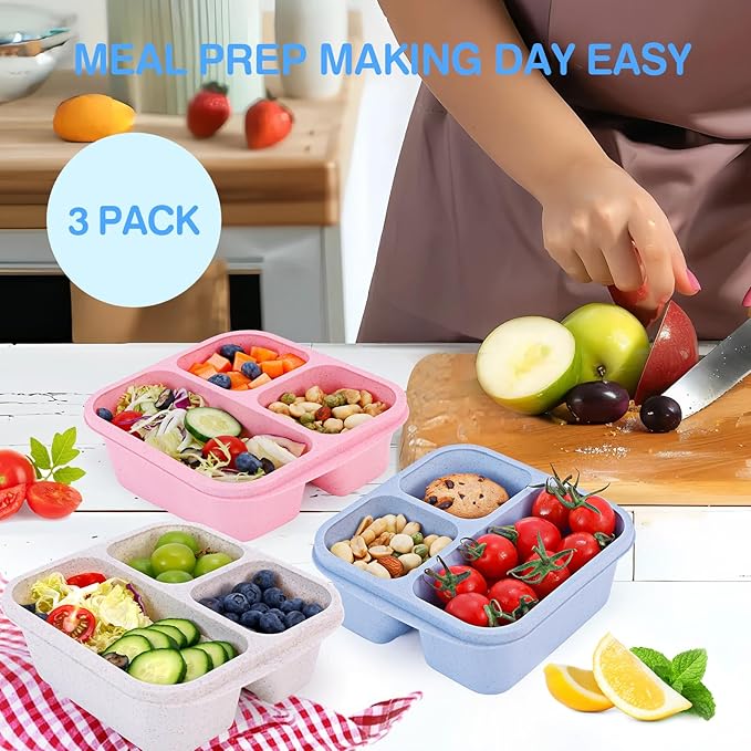 Rinwoc Bento Box [Portion Size], 3 Pack Snack Containers with 3 Compartments for Meal Prep & On-the-Go [School, Travel], Lunchable Container Reusable and BPA-Free