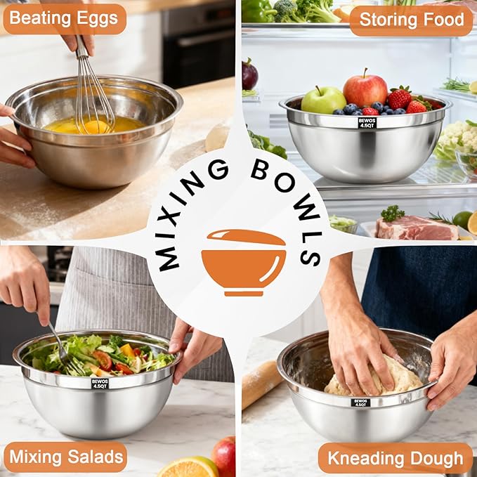 BEWOS Mixing Bowls with Lids Set - 5 Pcs Stainless Steel Mixing Bowls With 3 Grater Attachments, Size 4.5, 4, 3.5, 2.1, 1.5QT Metal Bowls for Baking and Serving (Black)