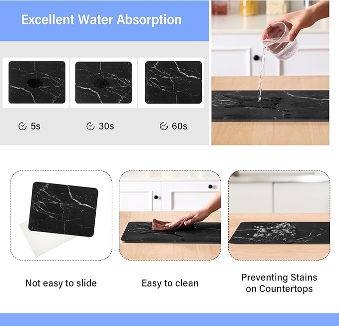 Drydiet 2 Pcs Large Dish Drying Coffee Mat for Kitchen Counter Diatomaceous Dish Dry Mat 11.8" x 18.9" Quick Drying Dry Mats for Coffee Machine Pads(Black,Marble)