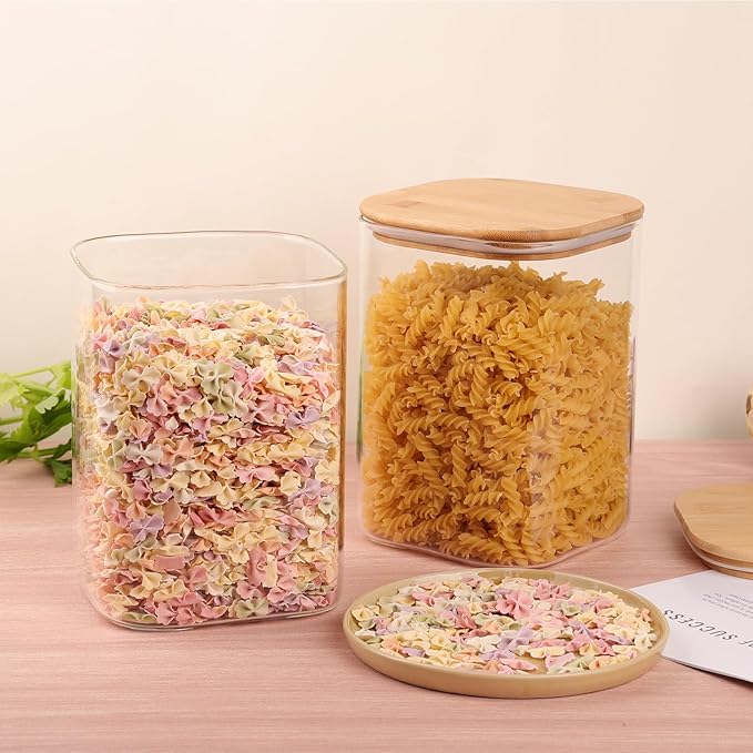Glass Food Storage Jars 3.6 Qt Set of 2,Glass Storage Containers Clear Glass Food Canister with Bamboo Lid Airtight For Serving Tea, Coffee, Flour, Sugar, Candy, Cookie, Spice and More (Square)