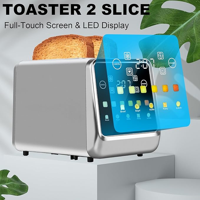 Touch Screen Toaster 2 Slice, Bagel Toasters with LCD Display, Stainless Steel Smart Digital Toasters with Single Slot Toasting,Extra Wide Slots Toaster with Memory/Bagel/Defrost/Reheat Functions