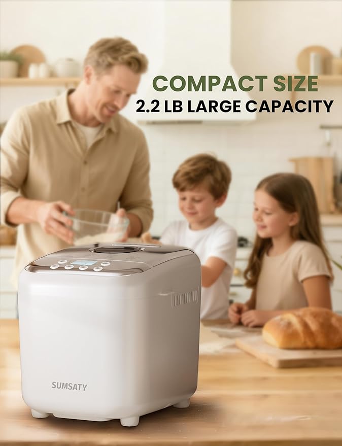 SUMSATY Bread Maker, 2.2LB 16-in-1 Bread Machine, Automatic Bread Maker Machine with Nonstick Pan & 15H Timer & 1H Keep Warm for Beginner, Breadmaker with Gluten-Free, French, Yogurt, Recipe