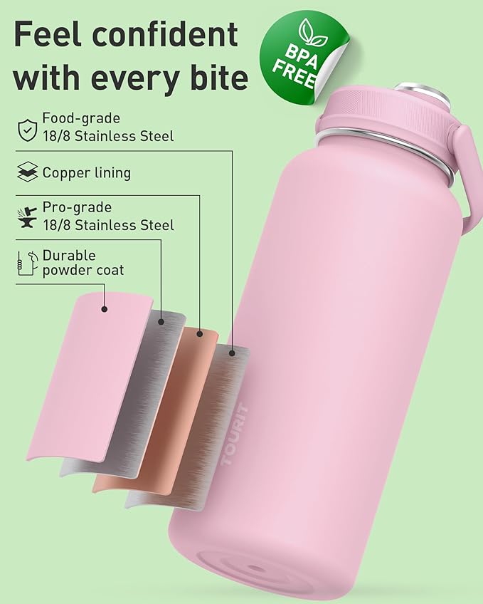TOURIT 32 oz Insulated Water Bottle, Stainless Steel Sports Water Bottles With Top Handle, Double-Wall Travel Thermal Water Flask, BPA Free Leakproof Water Bottle for Sports and Travel,Pink