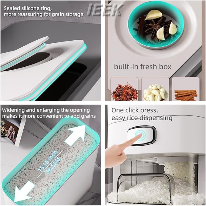IEEK Rice Dispenser 12 Lbs,Large Cereal Dry Food Storage Containers Rice Storage Container Sealed Moisture Proof with Measuring Cup for Kitchen Pantry Household, White and Grey