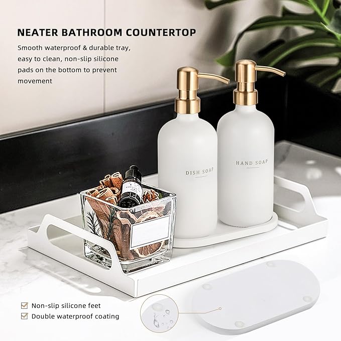 Soap Dispenser Bathroom - Dish and Hand Soap Dispenser Set, Glass Soap Lotion Dispenser with Pump for Kitchen with Tray, Waterproof Labels, 2 Lotion White Bottle/Gold Pump N