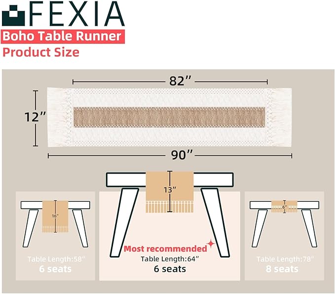 Fexia Boho Table Runner for Christmas Thanksgiving Home Decor with Tassels 90 Inch Cream & Brown Macrame Runner for Dining & Bedroom Baby Bridal Shower Decor(12x90 Inches)