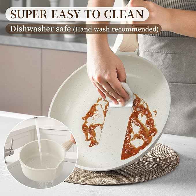 Kikcoin 16Pcs Pots and Pans Set Nonstick Ceramic Cookware Sets Induction Kitchen Cooking Set Non toxic Healthy Non Stick w/Grill Pan,Saute Pan, Ceramic White