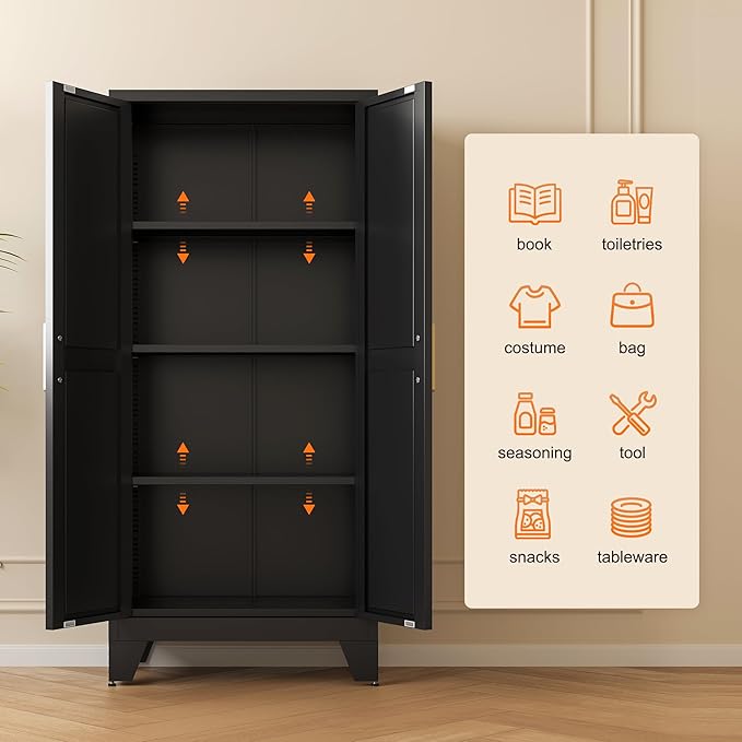 61" Tall Metal Storage Cabinet with 2 Doors and 3 Adjustable Shelves, 4-Tier Kitchen Pantry Storage Cabinet for Kitchen, Living Room, Dining Room and Office, Black