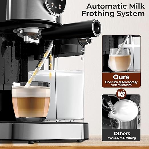 Electactic Espresso Machine 20 Bar, Super Compact Espresso Maker Stainless Steel with Touch Screen, Professional Coffee Machine, Automatic Milk Frother for Cappuccino