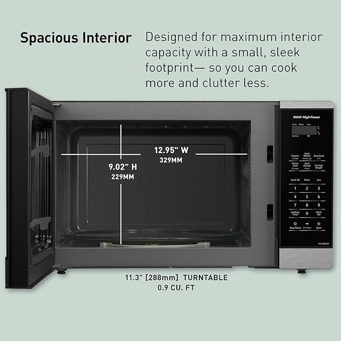 Panasonic Countertop Microwave Oven, 900W, 0.9 Cu. Ft., Sensor Cook and Reheat, 10 Power Levels, Auto Defrost, Keep Warm, Child Lock, Black Stainless Steel - NN-SB44QS