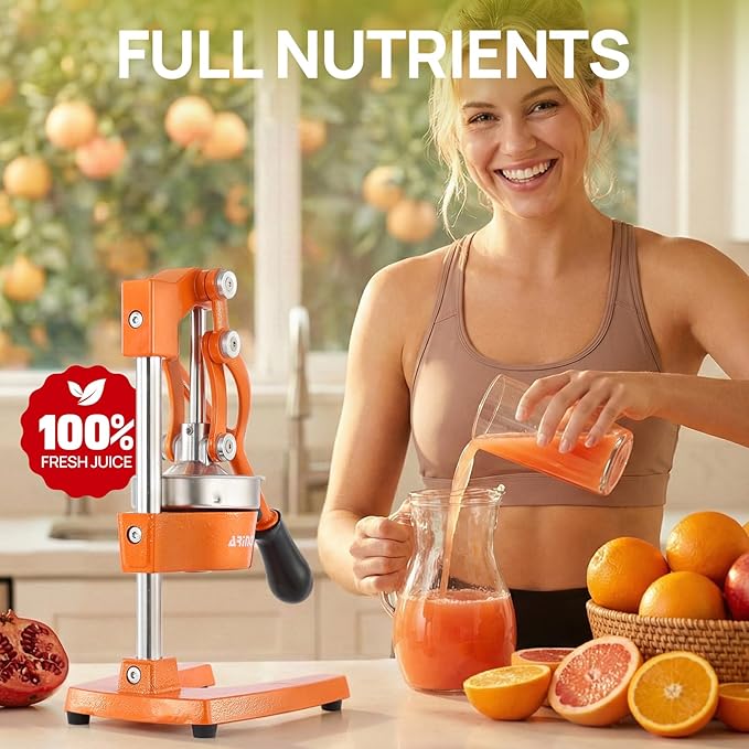 Kitchen Cast Iron Citrus Juicer,Manual Hand Press Orange Juicer,Heavy Duty Countertop Squeezer for Lemon,Orange, Easy to Use & Clean（Orange)