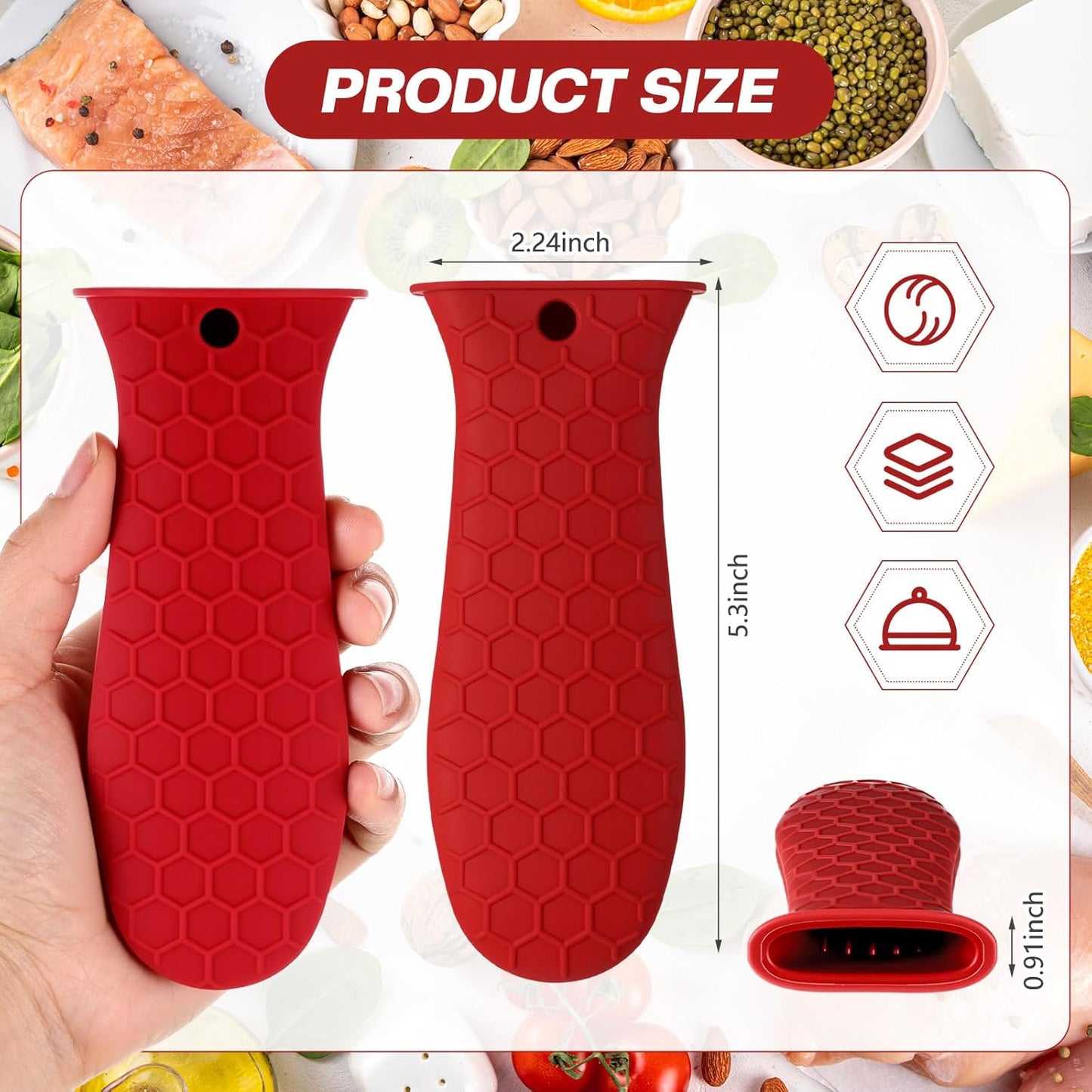 Patelai 2pcs Silicone Handle Cover for Cast Iron Skillet Kitchen Silicone Handles for Pots and Pans Non-Slip Pot Holder Sleeve for Fry Pan Griddles Metal Aluminum Cookware(Red)