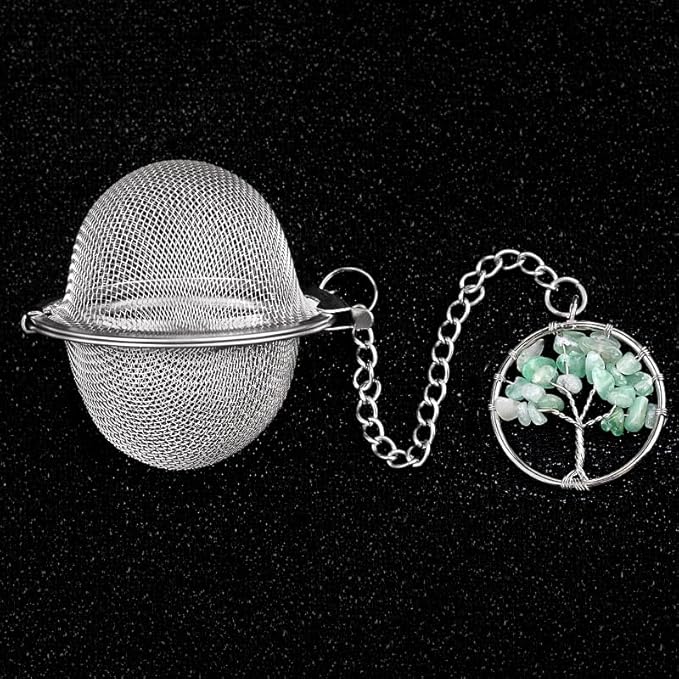 5 Pcs Tea Filter Stainless Steel with Life Tree Crystal Energy Stone Tea Strainers with Fine Mesh Extend Chain Hook Tea Ball Infuser for Loose Tea Leaves Spices Seasonings