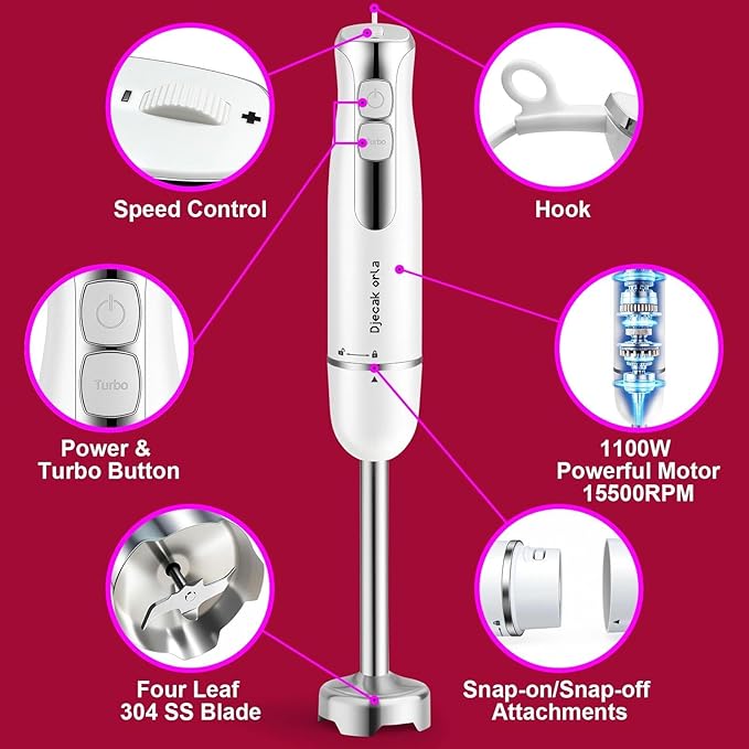 Upgraded 1100W 5-in-1 Immersion Hand Blender – 20 Variable Speeds, Up to 15,500 RPM, Handheld with Milk Frother & Food Processor, White