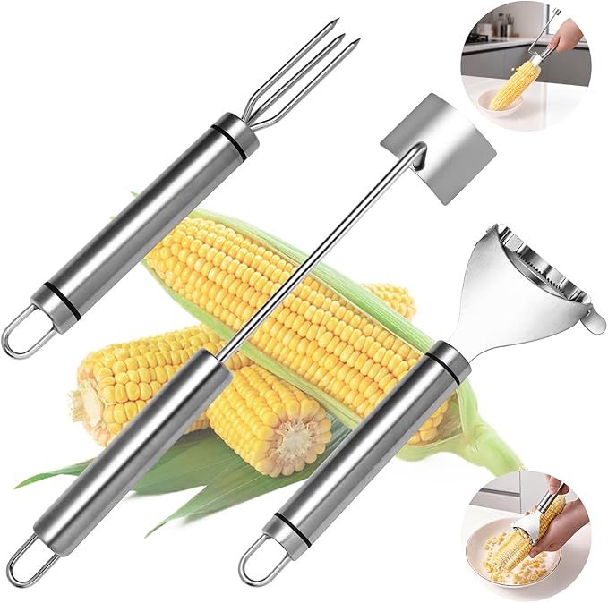 Upgraded Corn Peeler 3PCS Stainless Steel Corn Peeler for Corn on The Cob with Corn Stripper Tool and Corn Holder Set, Corn Cob Stripper Tool for Quick & Easy Peeling, Corn Scraper for Kitchen